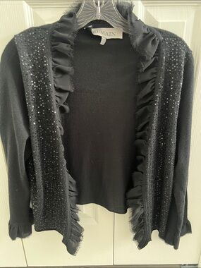 REMAIN Black Ruffle Open-Front Sweater with Sequin Trim